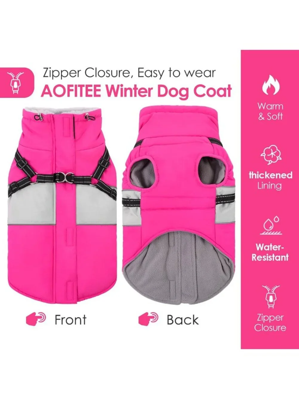 Warm Waterproof Dog Coat with Built-in Harness, Reflective Furry Collar, XXL